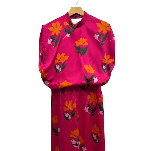 Zara Sleeveless Cut-Out Back Floral Jumpsuit in Bright Pink size Medium NWT - Picture 5 of 9